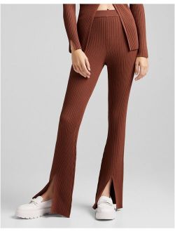 knitted rib detail pants with split detail in brown
