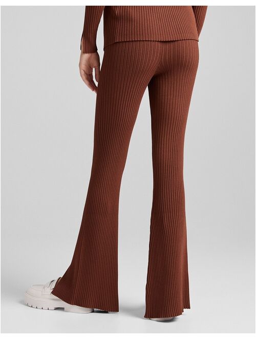 Bershka knitted rib detail pants with split detail in brown