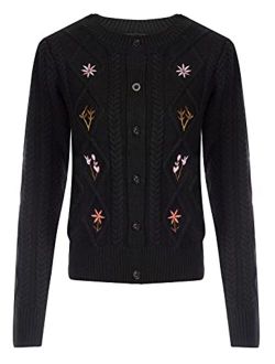 Women's Vintage Embroidery Chunky Cable Knit Cardigan Sweater Long Sleeve Button Down Outwear Cardigans
