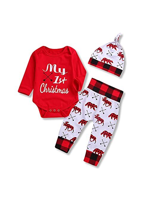 Kislio Baby Boys Girls My 1st Christmas Outfits Romper+Plaid Pants+Hat 3Pcs Clothes Set