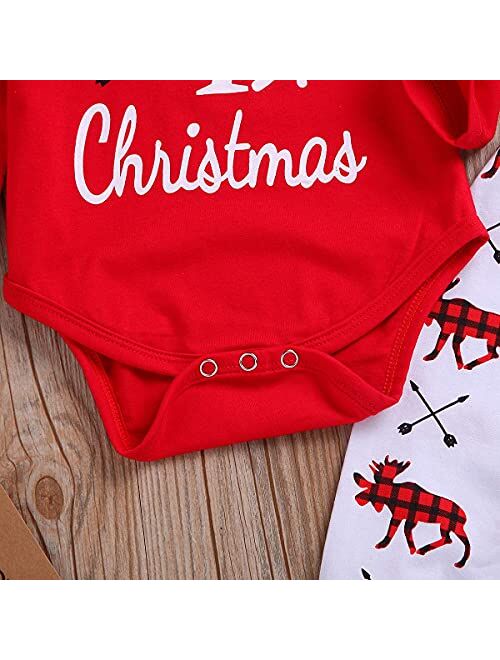 Kislio Baby Boys Girls My 1st Christmas Outfits Romper+Plaid Pants+Hat 3Pcs Clothes Set