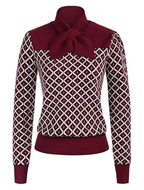 Belle Poque Women Argyle Color Block Vintage Pullover Sweater with Removable Scarf