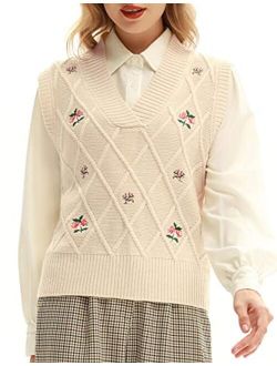 Women Vintage Sweater Vest V-Neck Sleeveless Sweater Vest Top