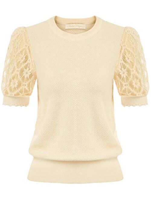 Belle Poque Women's Vintage Puff Sleeve Knit Tops Summer Contrast Lace Sleeve Blouses Tops