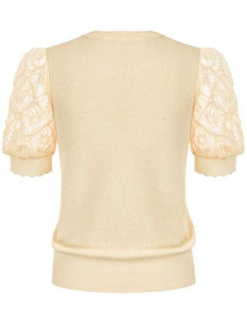Belle Poque Women's Vintage Puff Sleeve Knit Tops Summer Contrast Lace Sleeve Blouses Tops