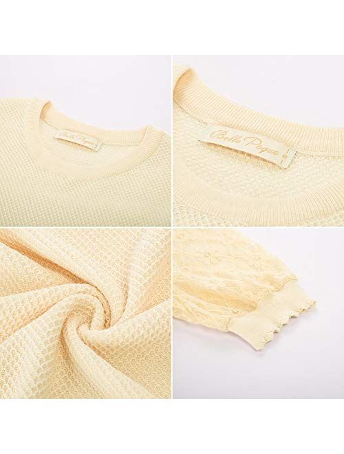 Belle Poque Women's Vintage Puff Sleeve Knit Tops Summer Contrast Lace Sleeve Blouses Tops