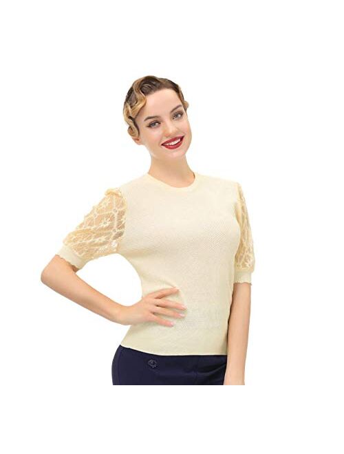 Belle Poque Women's Vintage Puff Sleeve Knit Tops Summer Contrast Lace Sleeve Blouses Tops