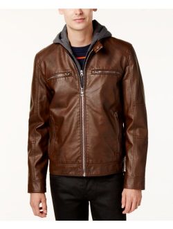 Men's Faux-Leather Detachable-Hood Motorcycle Jacket