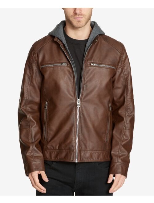 Guess Men's Faux-Leather Detachable-Hood Motorcycle Jacket