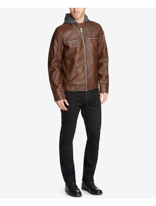 Guess Men's Faux-Leather Detachable-Hood Motorcycle Jacket