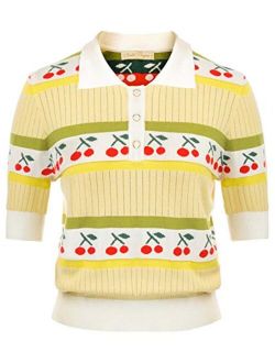 Women Vintage Embroidery Sweater Retro 1940s Contrast Collar Jumper Tops