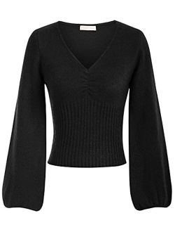 Women Cropped Lantern Sleeve V Neck Pullover Sweater Knit Casual Top