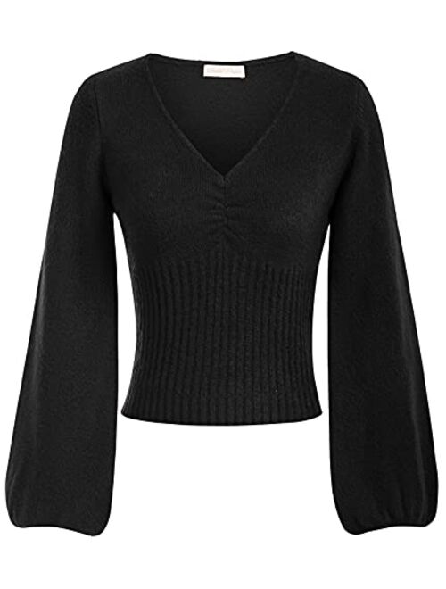 Belle Poque Women Cropped Lantern Sleeve V Neck Pullover Sweater Knit Casual Top