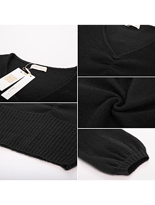 Belle Poque Women Cropped Lantern Sleeve V Neck Pullover Sweater Knit Casual Top