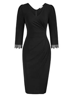 Women 3/4 Sleeve Work Dress Ruched Bodycon Business Party Dress
