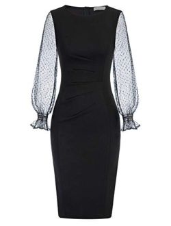 Women's Long Sleeve Cocktail Dress Pleated Stretchy Bodycon Pencil Dress