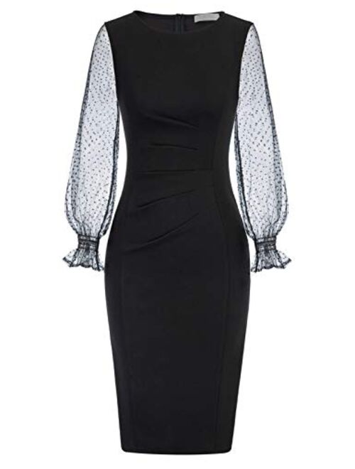 Belle Poque Women's Long Sleeve Cocktail Dress Pleated Stretchy Bodycon Pencil Dress