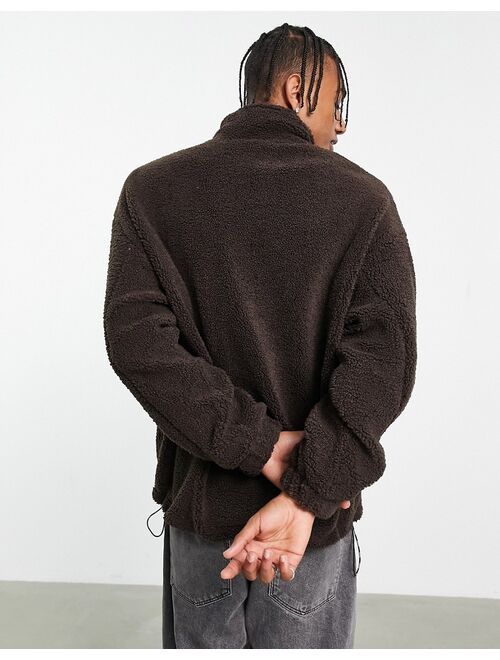 Bershka oversized half zip sweater in brown teddy