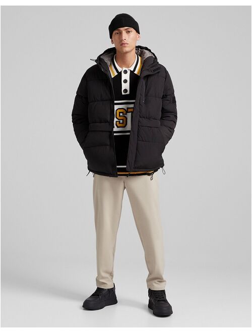 Bershka hooded puffer jacket in black