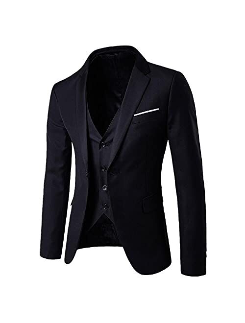 WUAI-Men Slim Fit Suits One Button 3-Piece Blazer Dress Work Office Business Wedding Party Gentleman Jacket Vest & Pant