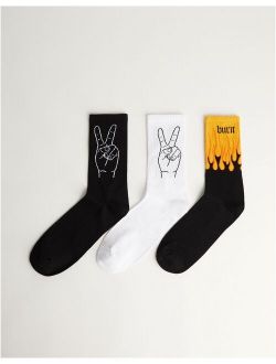3 pack socks with peace and fire print in black