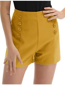 Women High Waist Stretch Shorts Vintage Button Sailor Shorts BP849