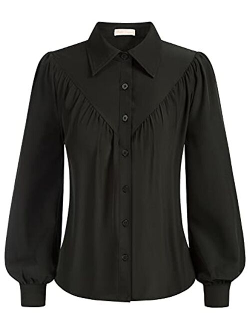 Belle Poque Women Lantern Long Sleeve Button Shirts Tops Pleated Collar Work Blouse Top