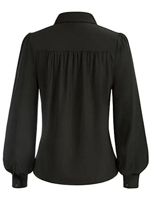 Belle Poque Women Lantern Long Sleeve Button Shirts Tops Pleated Collar Work Blouse Top