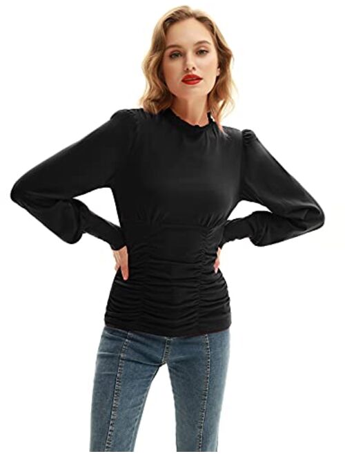 Belle Poque Womens Mock Neck Long Lantern Sleeve Ruched Tops Blouse Shirts