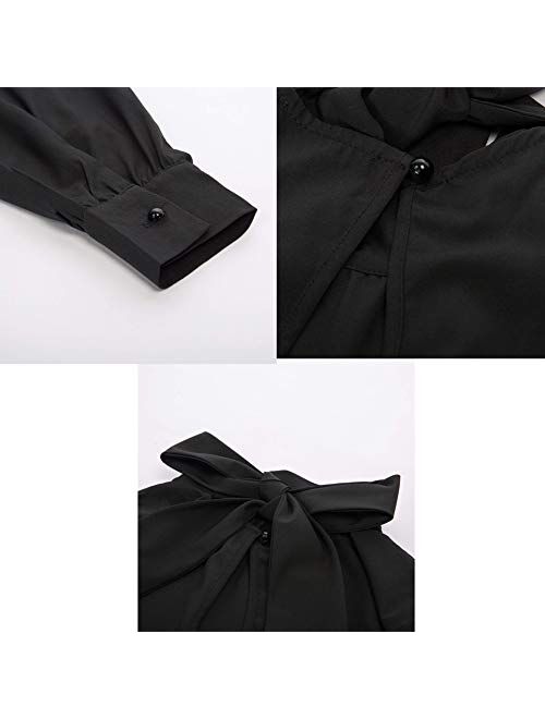 Belle Poque Women's Elegant Bow Tie Neck Long Sleeve Work Office Blouses Tops