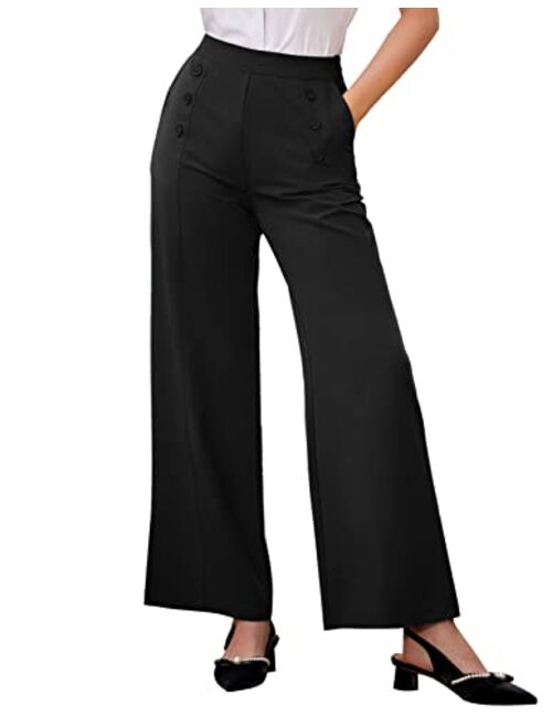 Belle Poque Women's High Waisted Wide Leg Pants Button Decorated Casual Stretchy Trousers with Pockets