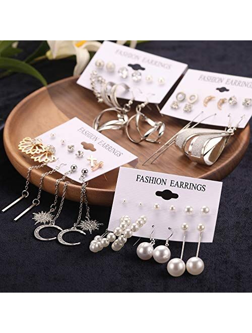 Fashion Earrings for Women Girls, Funtopia 68 Pairs Drop Dangle Earrings, Statement Stud Earrings Pearl Earrings Set for Party Jewelry Gift (Gold and Silver)