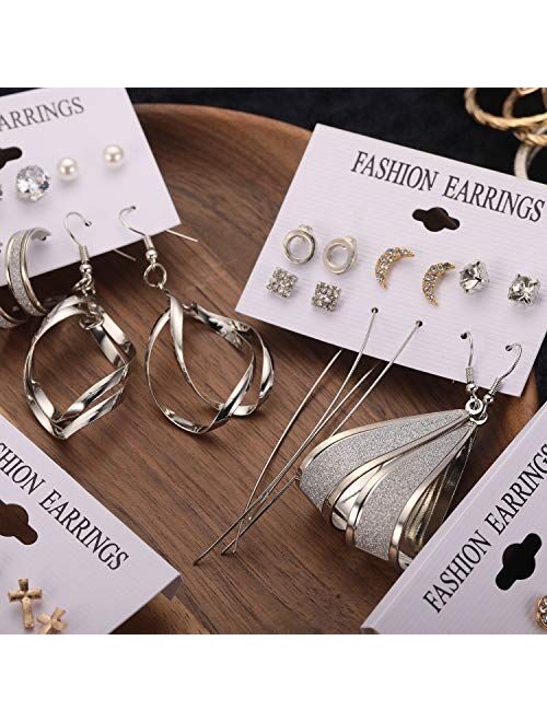 Fashion Earrings for Women Girls, Funtopia 68 Pairs Drop Dangle Earrings, Statement Stud Earrings Pearl Earrings Set for Party Jewelry Gift (Gold and Silver)