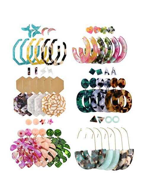 Acrylic Earrings for Women, Funtopia 30 Pairs Trendy Tortoise Shell Earrings, Big Resin Hoop Stud Drop Dangle Statement Earrings Fashion Jewelry for Birthday Party Christ