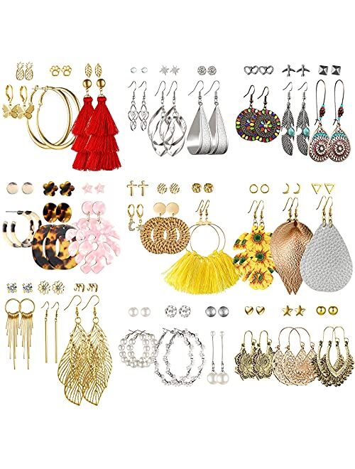 Dangle Earrings for Women Girls, Funtopia 54 Pairs Colorful Statement Stud Earrings Boho Earrings, Fashion Pearl Tassel Leather Acrylic Earrings for Birthday Party Gift