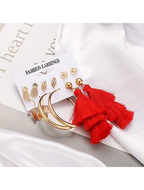 Dangle Earrings for Women Girls, Funtopia 54 Pairs Colorful Statement Stud Earrings Boho Earrings, Fashion Pearl Tassel Leather Acrylic Earrings for Birthday Party Gift