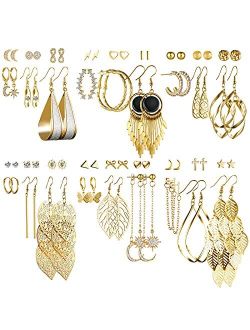 Gold Dangle Earrings, 36 Pairs Fashion Statement Stud Earrings Long Dangling Earrings for Women Girls, Boho Fashion Jewelry Moon Leaf Earrings for Birthday Party Gift