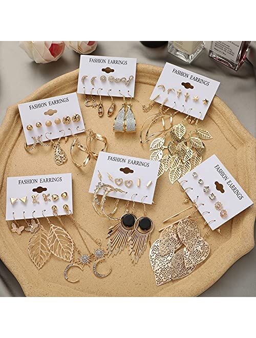 Funtopia Gold Dangle Earrings, 36 Pairs Fashion Statement Stud Earrings Long Dangling Earrings for Women Girls, Boho Fashion Jewelry Moon Leaf Earrings for Birthday Party Gift