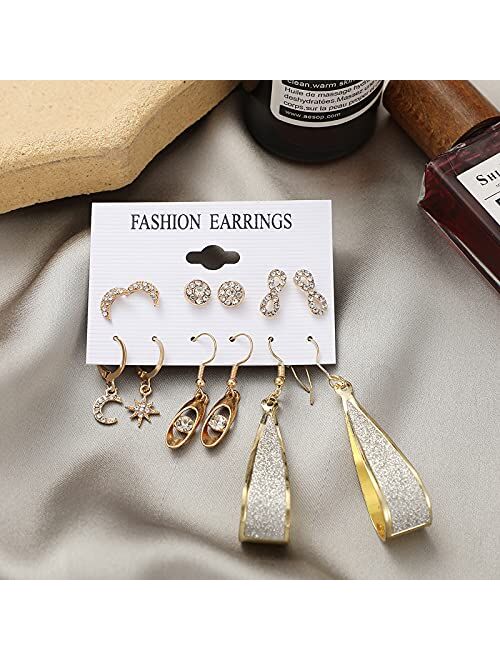 Funtopia Gold Dangle Earrings, 36 Pairs Fashion Statement Stud Earrings Long Dangling Earrings for Women Girls, Boho Fashion Jewelry Moon Leaf Earrings for Birthday Party Gift