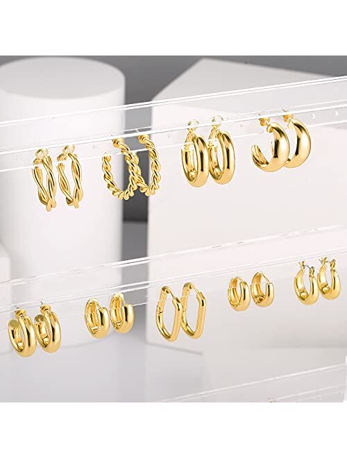 Chunky Gold Hoop Earrings, Funtopia 9 Pairs 18K Gold Plated Small Hoop Earrings for Women Girls, Trendy Thick Open Twisted Huggie Hoops Jewelry for Christmas Birthday Par