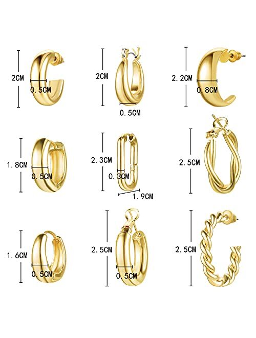Chunky Gold Hoop Earrings, Funtopia 9 Pairs 18K Gold Plated Small Hoop Earrings for Women Girls, Trendy Thick Open Twisted Huggie Hoops Jewelry for Christmas Birthday Par