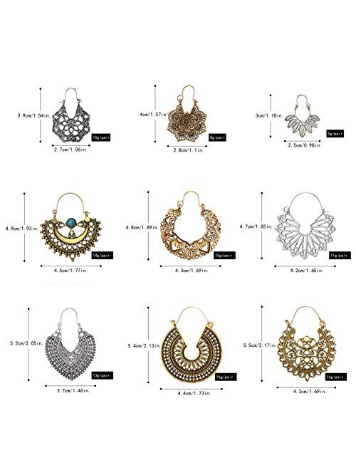 Vintage Earrings for Women Girls, Funtopia 9 Pairs Leaf Mandala Flower Gypsy Drop Dangle Earrings Boho Retro Tribal Hollow Earrings Set