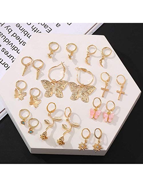 Small Hoop Earrings, Funtopia 20 Pairs Butterfly Star Earrings Set, Cute Mini Huggie Hoop Earrings with Charms Statement Earrings for Women Girls Teens
