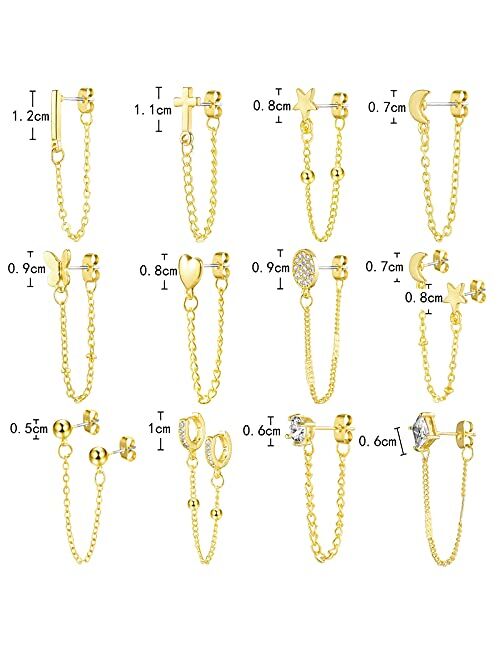 Gold Chain Earrings, Funtopia 12 Pairs Chain Stud Earrings for Women Teen Girls Jewelry Gift, Including 9 Minimalist Chain Stud Earrings and 3 Trendy Double Piercing Dang