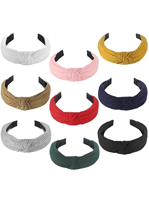 Knotted Headbands for Women Girls, Funtopia 9 Pcs Wide Plain Turban Headband Fashion Cross Knot Hair Bands with Solid Colors