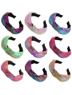 Headbands for Teens Girls Women, Funtopia 9 Pcs Shiny Metallic Headbands Colorful Mermaid Knotted Head Bands, Fashion Cross Knot Hair Bands for Dance Party Club