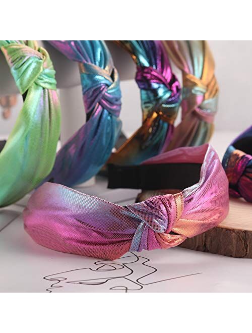 Headbands for Teens Girls Women, Funtopia 9 Pcs Shiny Metallic Headbands Colorful Mermaid Knotted Head Bands, Fashion Cross Knot Hair Bands for Dance Party Club