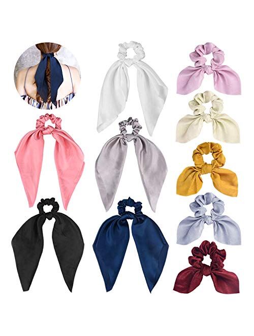Satin Scarf Hair Scrunchies, Funtopia 10Pcs Ribbon Bow Scrunchies with Solid Colors, Including 5 Satin Hair Scarf & 5 Bunny Ear Scrunchies, Soft Scarf Hair Ties Bowknot P