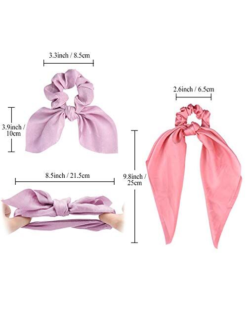 Satin Scarf Hair Scrunchies, Funtopia 10Pcs Ribbon Bow Scrunchies with Solid Colors, Including 5 Satin Hair Scarf & 5 Bunny Ear Scrunchies, Soft Scarf Hair Ties Bowknot P