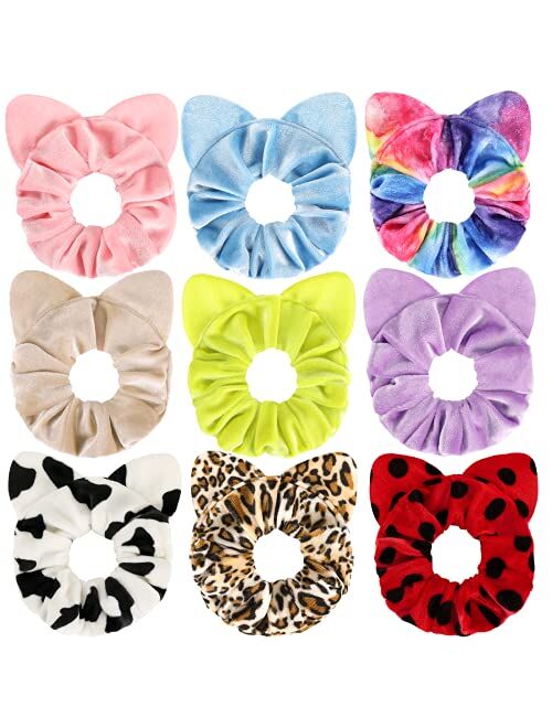 Mouse Ear Scrunchies for Hair, Funtopia 9 Pcs Cute Velvet Scrunchies for Women Girls Kids, Fashion Colorful Scrunchy Hair Ties Ponytail Holders for Birthday Party Gift